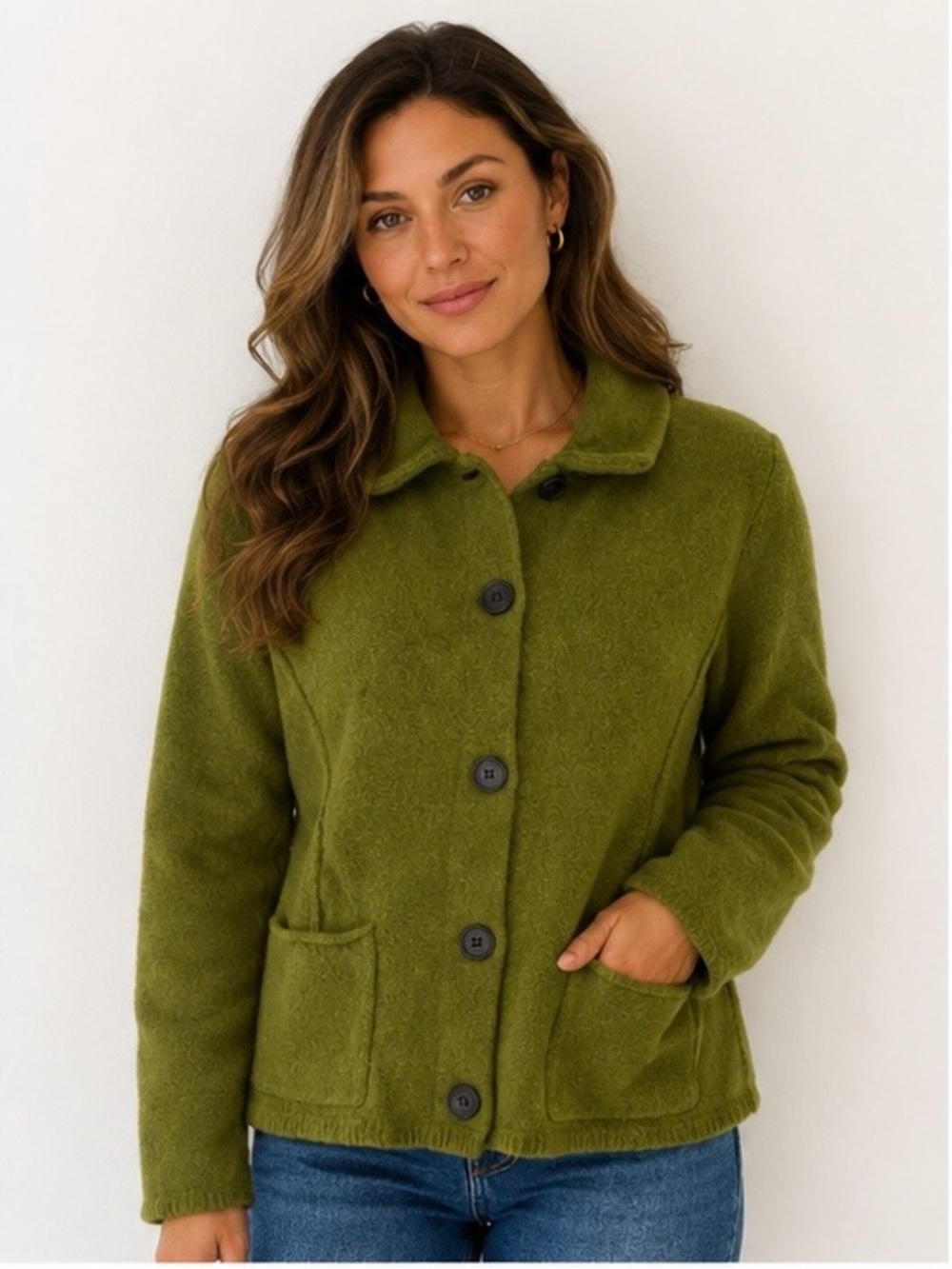 Eileen Fisher olive green wool jacket Cardigan rounded collar, front pockets
